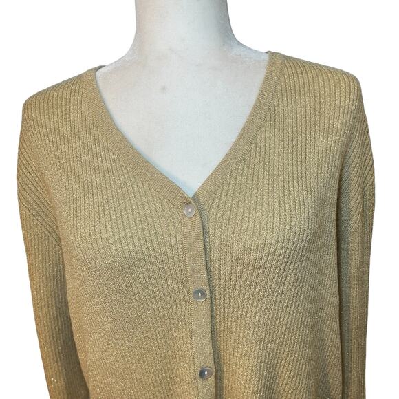 Laura Scott Gold Sweater Cardigan Metallic Shimmer Knit Plus Size 1X - Picture 2 of 7